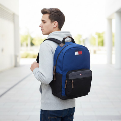 Tommy Hilfiger Unix Rucksack Schule Reisen Freizeit PC Halter Blau/Schwarz 33x41x12