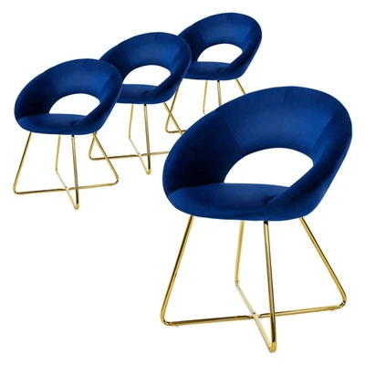 Lot de 4 chaises de salle à manger bleu en velours dossier demi-coque pied doré - Photo 1/4