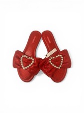 Victoria Secret Bow Heart Slip On Slippers Sandal Sz Medium 7/8 Red Pearl New