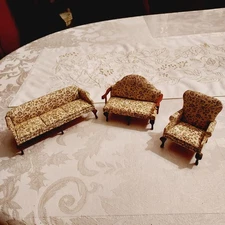 Vintage Dollhouse Couch/Sofa, Settee, & Chair Padded Olive Green & Ivory