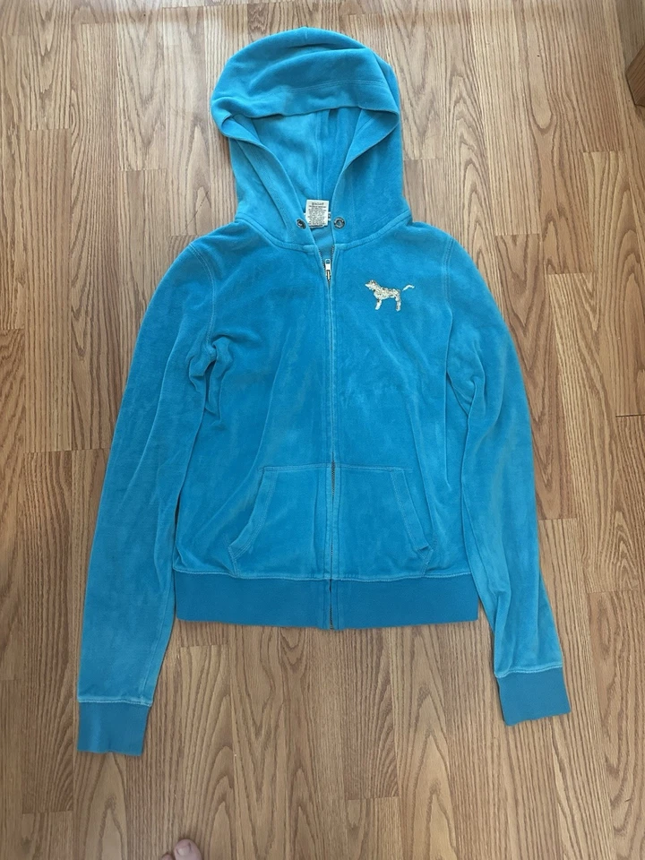 Victoria’s Secret Pink Vintage Blue Velour Sequin Gold Bling Hoodie S - Image 2 of 4