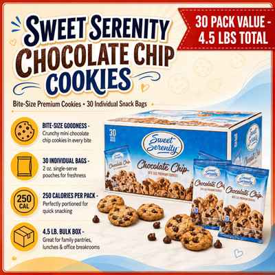 Sweet Serenity Bite Size Premium Cookies, Chocolate Chip, 2 oz, 30-count