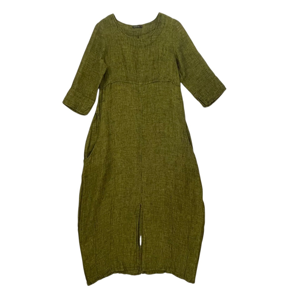 GRIZAS Textured Linen Midi Dress - Green Black Tweed - Size Small