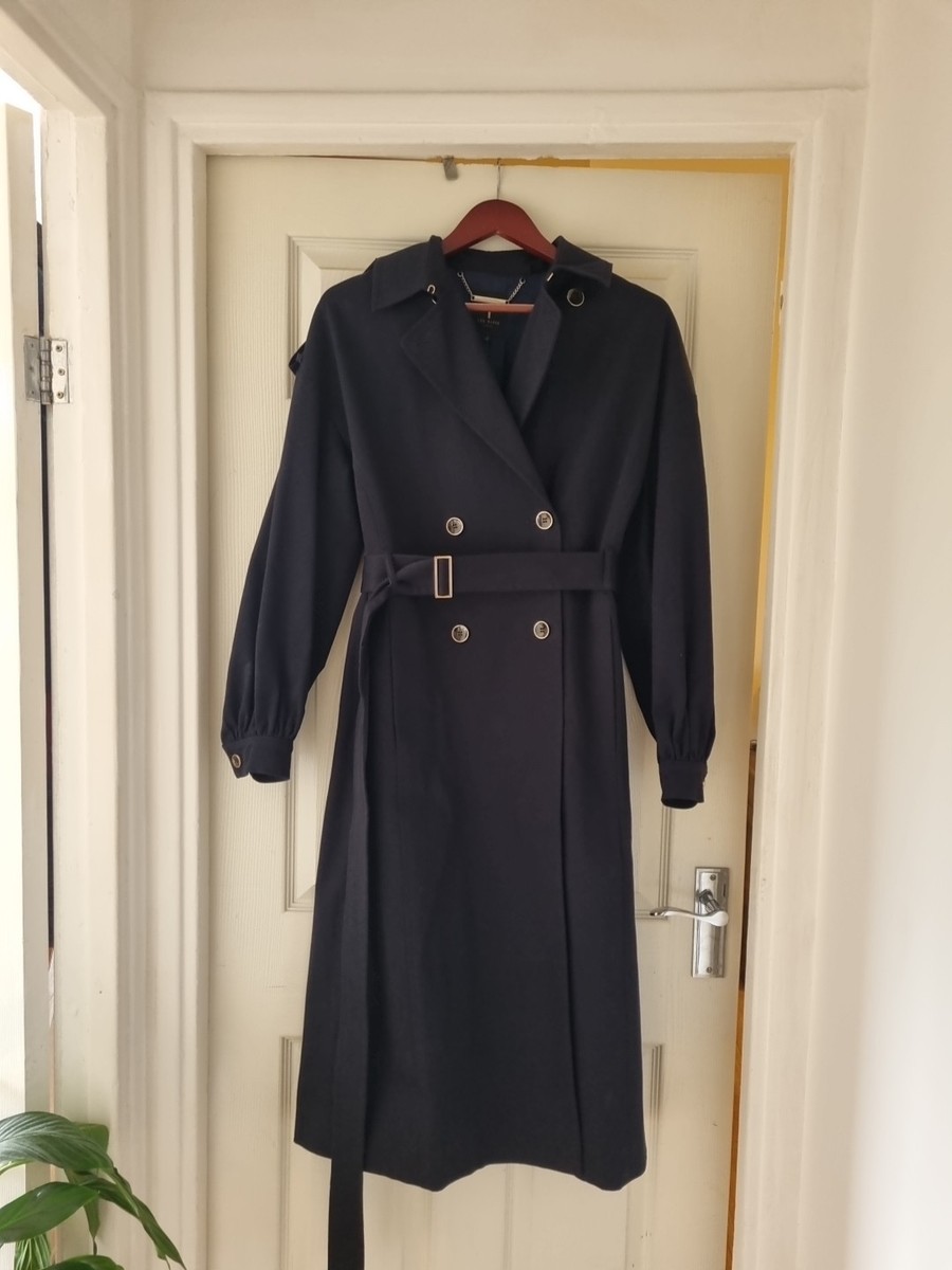 Ted Baker Women's UK Size 10 Long Trench Coat Dark Navy Double