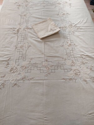 Nappe Vintage Brodée – Blanc, Coton/polyester, état Impeccable, Période 1800-1849