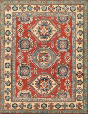 Kazak Rug 7'11'' x 10'2'' Red Wool Tribal Geometric Hand-Knotted Oriental Carpet