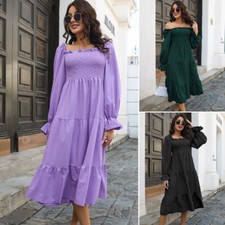 Women's Midi Dress Casual Ruffle Long Sleeve Smocked Tiered Long Swing Dresses
