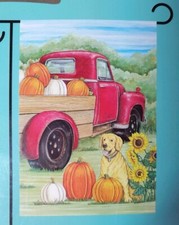 Fall Garden Flag 12x18 Red Truck Pumpkins Golden Retriever Sunflower Harvest NEW