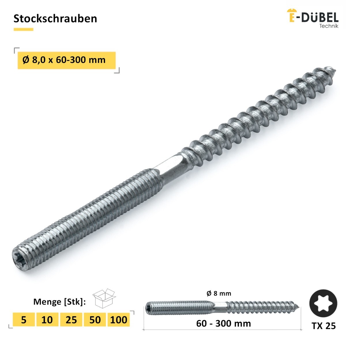 Stockschrauben mit TORX STAHL VERZINKT Stockschraube M8 / M10  