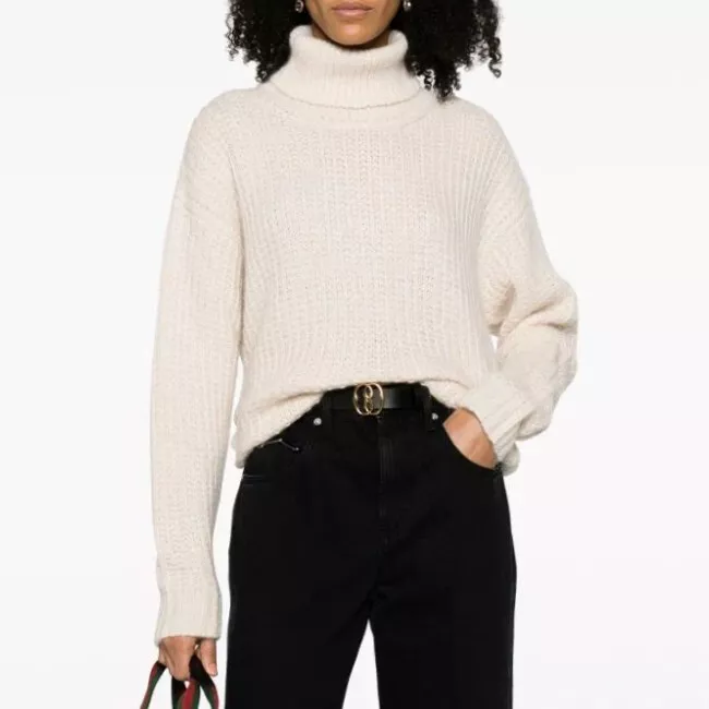 Pull col roulé soie cachemire FW23 GUCCI 766263 pull côte tricot logo crème M