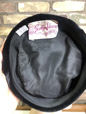 Evelyn Varon vintage black and white pillbox hat ? Black Velvet Pillbox Hat w/ Black & White Feathers on Top by  main image 2