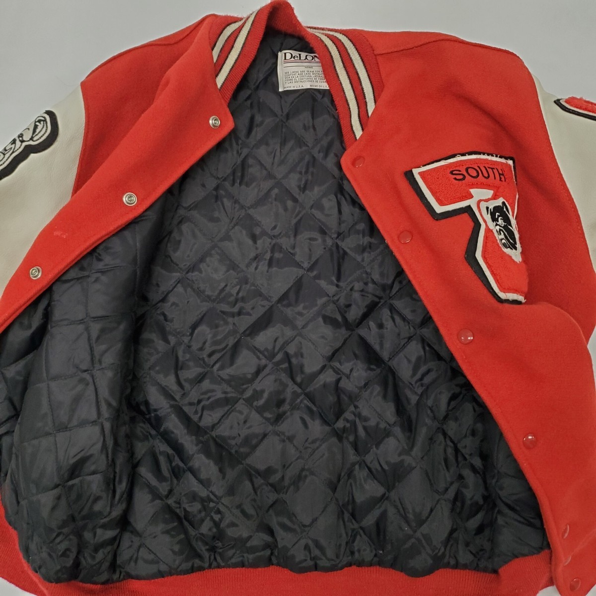 Vintage Red Delong Varsity Jacket Leather Bulldog Wool Snap Button