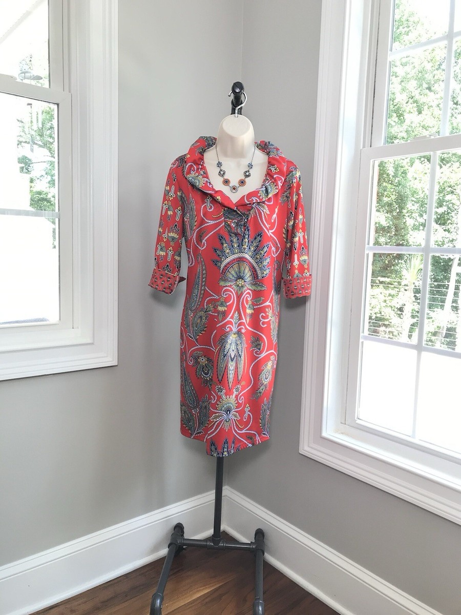 Gretchen Scott Red Paisley Plume Ruffle Neck Dress - Womens Large $219 Gretchen Scott Red Paisley Plume Ruffle Neck Dress - Womens Large $219