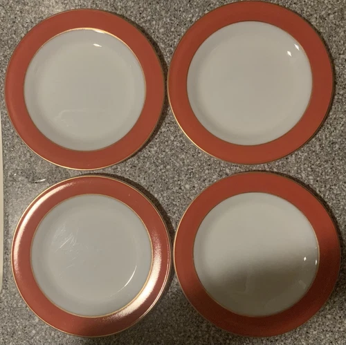 Set of 4 Vintage 1950s Pyrex Flamingo Pink With Gold Trim 10" Dinner Plates