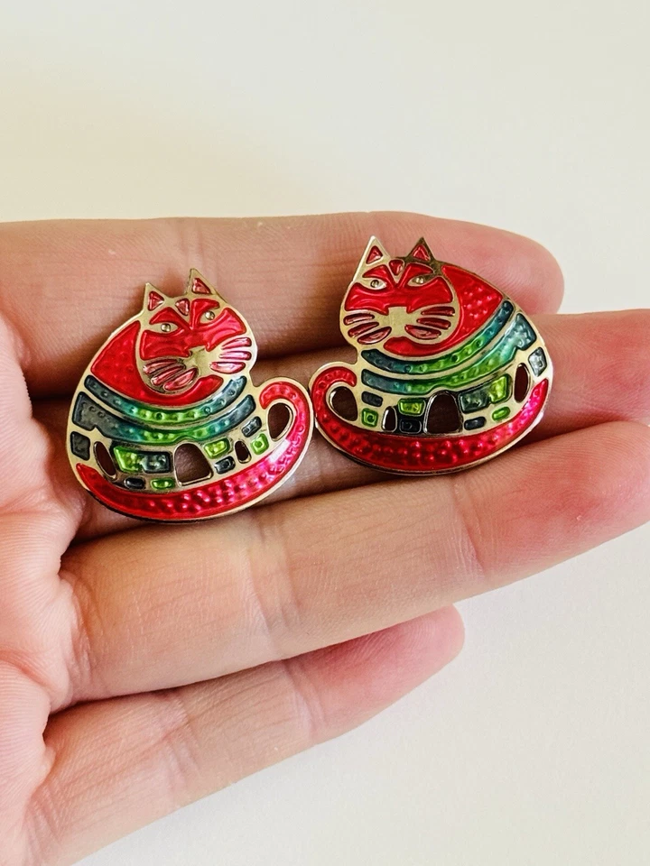 Berebi 猫耳环 复古 穿孔 罕见 滴表 粉色 搪瓷 粗华 — 第 3/4 张图片