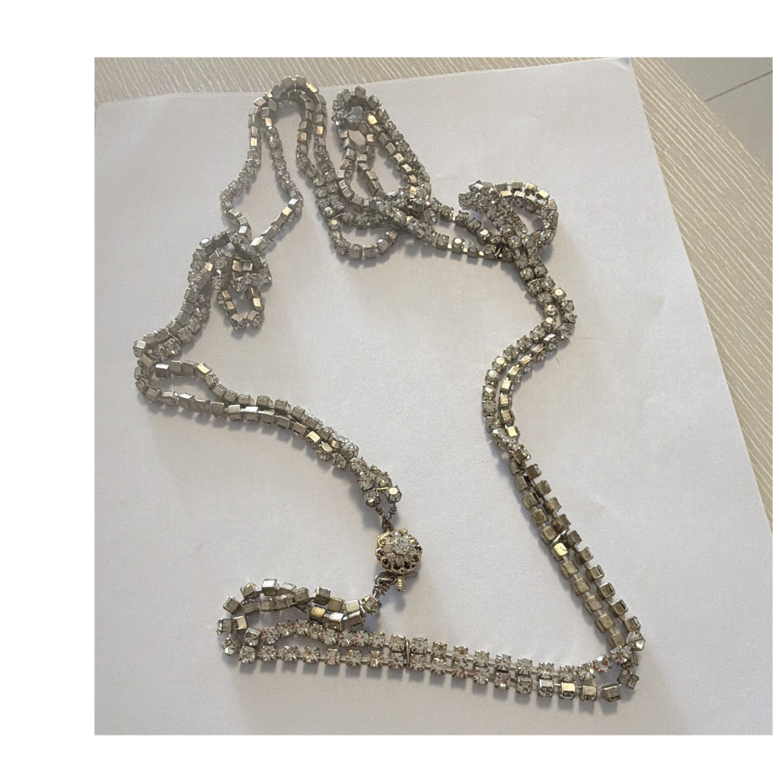 Silver Tone Clear Square Rhinestone Tennis Box Chain Necklace Prong Set