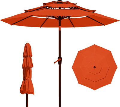 9FT 3 Tiers Patio Umbrella with Auto Tilt and Crank, Outdoor Table Market Umbrel