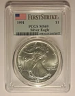 1991 AMERICAN SILVER EAGLE $1 PCGS MS69 FIRST STRIKE RARE DOLLAR FLAG LABEL