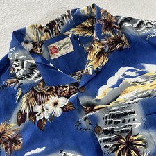 Vintage Hilo Hattie Men's Large Blue Hawaiian Original Floral Volcano Shirt