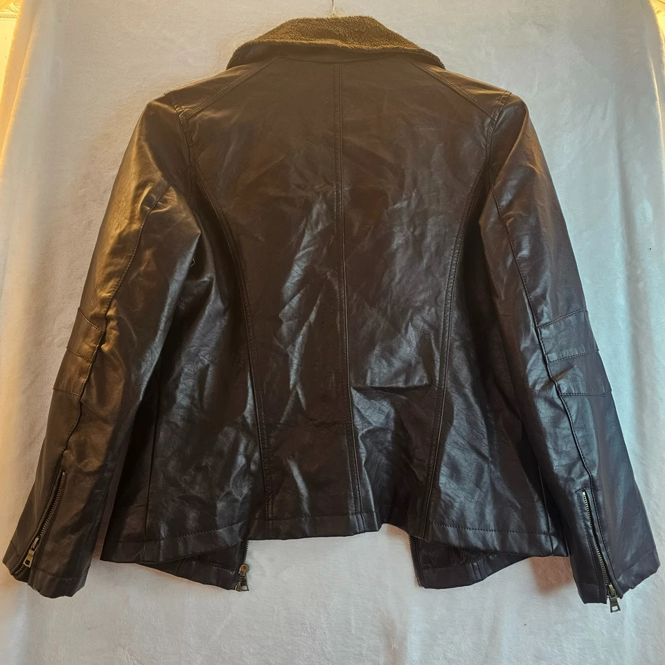 Brave Soul Faux Leather Fur Moto Jacket Dark Brown Chocolate Size L Pockets - Image 2 of 4