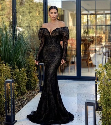 Elegant Black Lace Mermaid Evening Dresses Off Shoulder Long Sleeves Special
