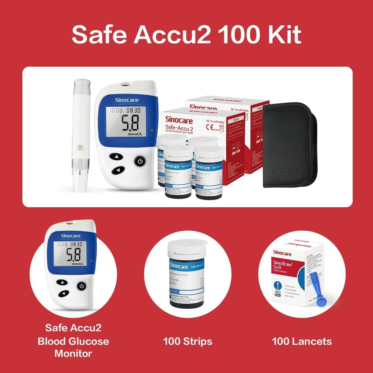 Sinocare Safe-Accu2 kit para medir la glucosa en sangre con 50 tiras reactivas
