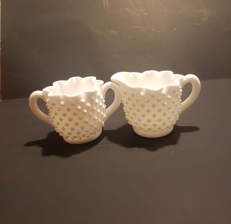 Fenton Milk Glass Hobnail Star Shaped Creamer And Open Sugar Bowl With Handles