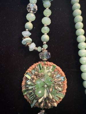 Statement Green  Tibetan Glass Crystal Beaded Necklace W/ Medallion Tassel