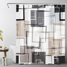 Black and Tan Geometric Shower Curtain with Hooks, Grey and White Abstract Strip