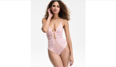 I.n.c. International Concepts Women's Metallic Lace Bodysuit Blush Tint L NWT