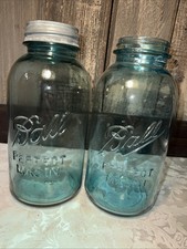 2 Antique Blue Half Gallon Ball Perfect Mason Canning Jars with 1 Zinc Lid #2 &8