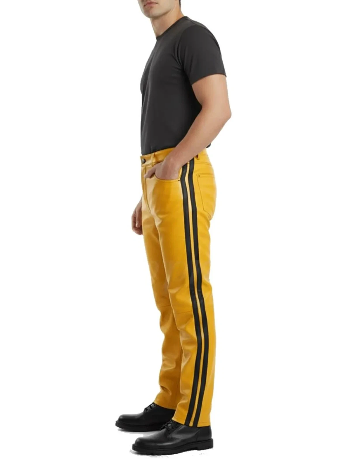 Men's Genuine Leather Pants Five Pockets Jeans Style Yellow Pant With Black