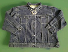 VTG 90s Crest Denim Jean Jacket Black Yellow Stitch Women XXL HipHop w keychain