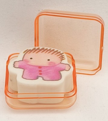RAR Vintage Japanese Kawaii Character Radiergummi mit Etui Schule Schreibwaren 80er Jahre
