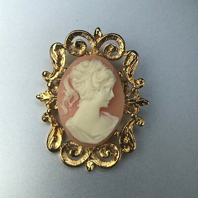 Light Orange & Cream Carved Plastic Oval Woman Cameo w Ornate