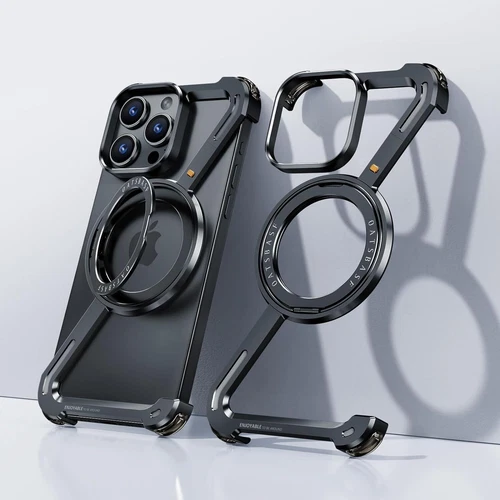 for iPhone 15 14 13 Pro Max Metal Frameless Z Case Aluminum Bumper Kickstand - Imagen 14 de 16