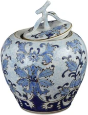 Festcool Blue and White Ceramic Flower Ginger Leaf Lid Jar Vase Sugar Canister