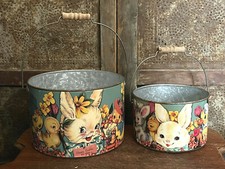 Happy Easter Bunny Vintage Retro Style Metal wood Bail Handle Bucket Basket 2pc