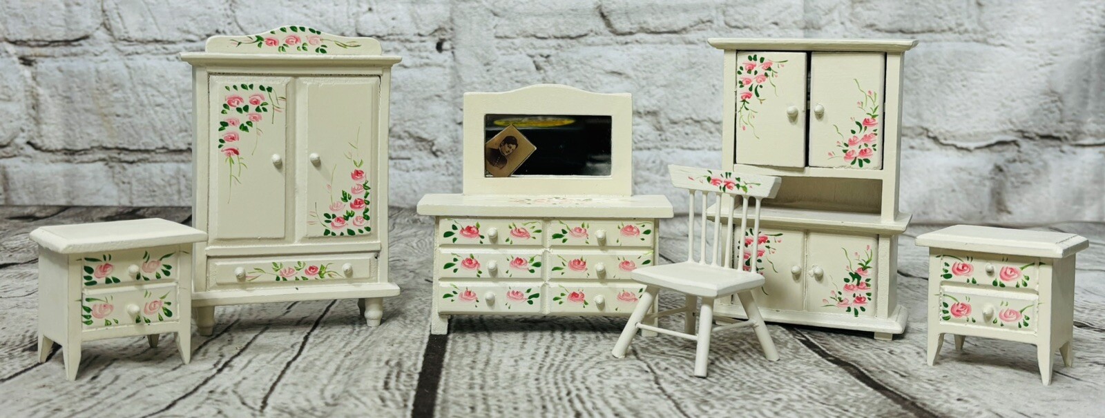 Vintage Dollhouse Miniature Wooden Furniture Hand Painted Pink Roses Bedroom