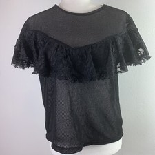 Zara Trafaluc Womens Sheer Black Ruffle Lace Detail Top Size Medium