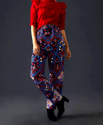 Farm Rio Embroidered Corduroy Pants Anthropologie Patchwork Boho  display picture 1