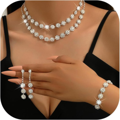 Silver Wedding Jewelry Sets for Brides Rhinestone Necklace