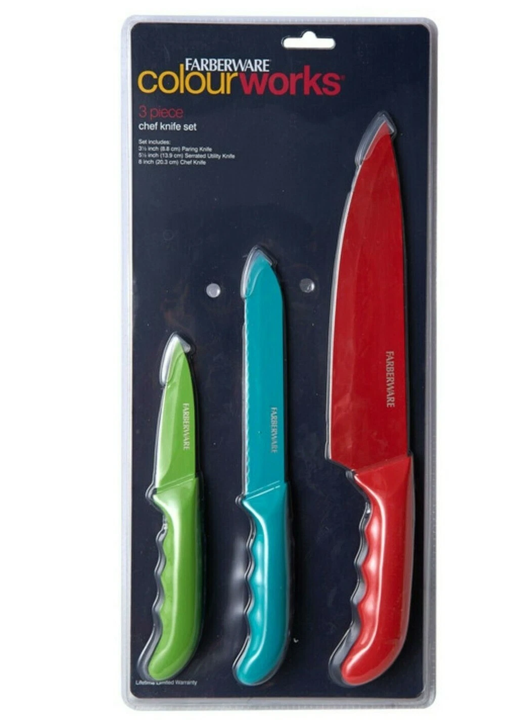Farberware Colourworks 3-Piece Multi Color Soft Grip CHEF KNIFE SET Kitchen NEW
