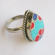 Tibetan Silver Turquoise Red Coral Original Jewelry Adjustable Unisex Ring R51