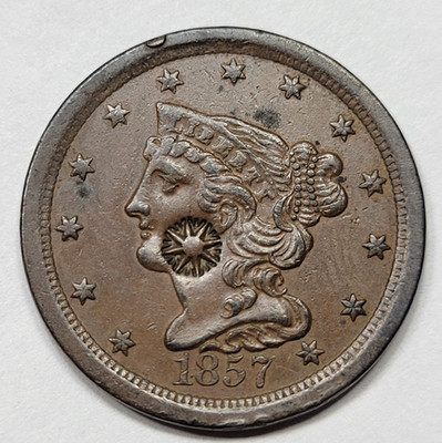 1857 US Half Cent Better Grade AU with Merchant Countermark Nice *K294