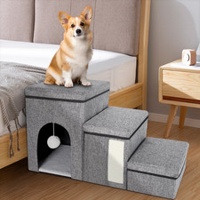 Dog Step Stair, 3-Step Pet Stairs with Storage Boxes, 17" Folding Dog Ramp Ladde