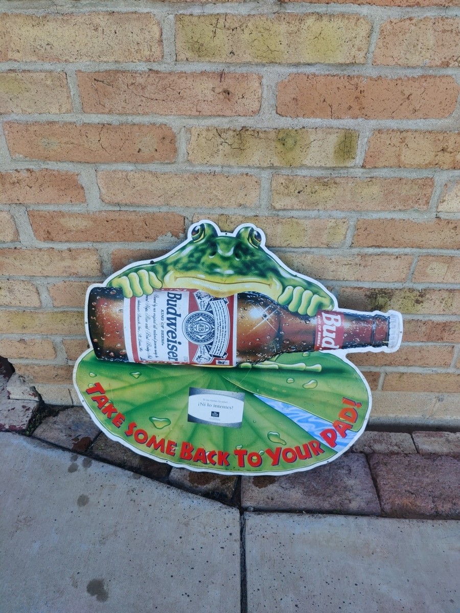 1995 Budweiser Frog Tin Sign Take Some Back To Your Pad Metal Beer