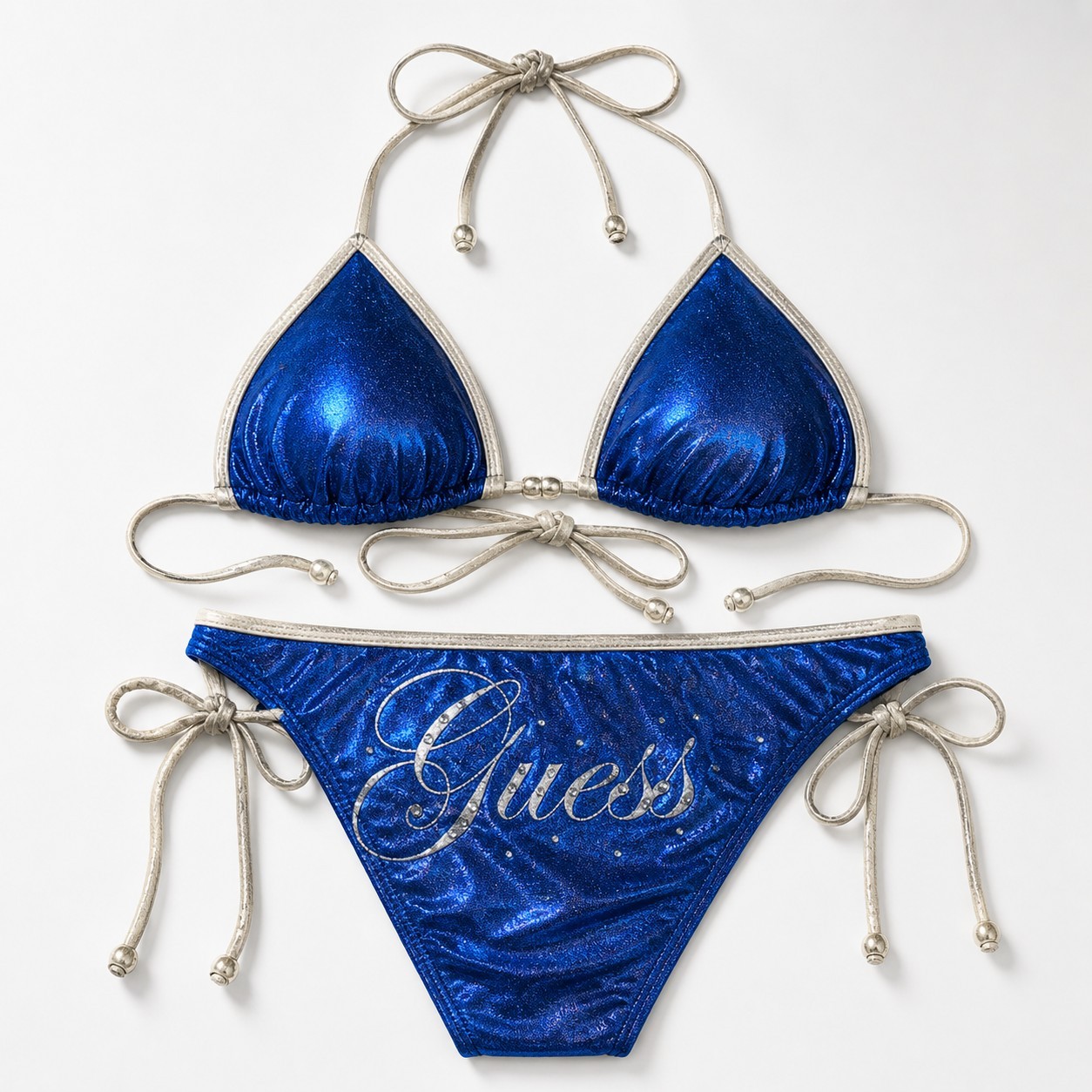 VTG Y2K Guess Bikini Set Royal  Metallic Blue Spellout Rhinestones L