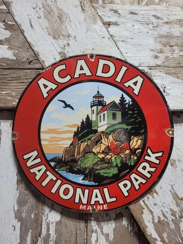 VINTAGE ACADIA PORCELAIN SIGN OLD NATIONAL PARK MAINE LIGHTHOUSE 12" SMOKEY BEAR
