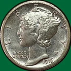 1916-S Mercury Dime Uncirculated UNC Coin, Cleaned #36621